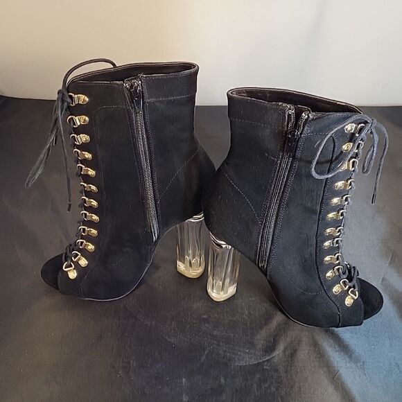 WILD DIVA FAUX SUEDE LICITE HEEL PEEP TOE LACE-UP FRONT BOOTIE - Picture 6 of 14